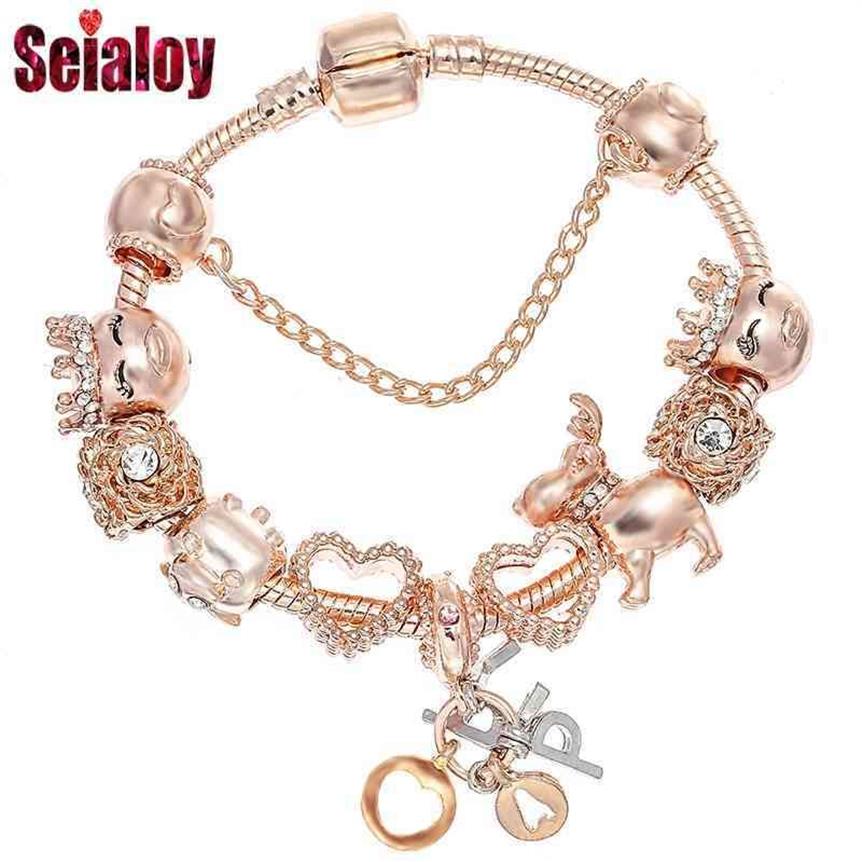 Seialoy Rose Gouden Armband Armbanden Voor Vrouwen Prinses Elanden Kraal HAPPY Charm Armbanden Sieraden Fit Meisje Paar Vriendschap Sieraden Gi214E