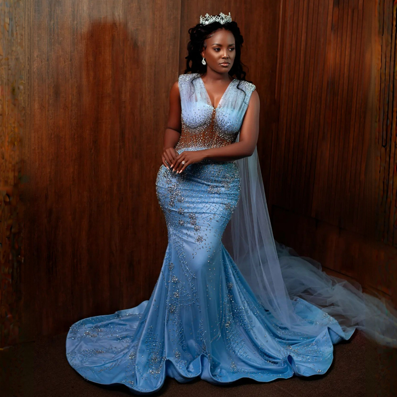 Robe de bal luxueuse grande taille Aso Ebi pour occasions spéciales, illusion de sirène bleue en tulle, col en V, robe de soirée élégante avec robe de soirée d'anniversaire portefeuille ST724