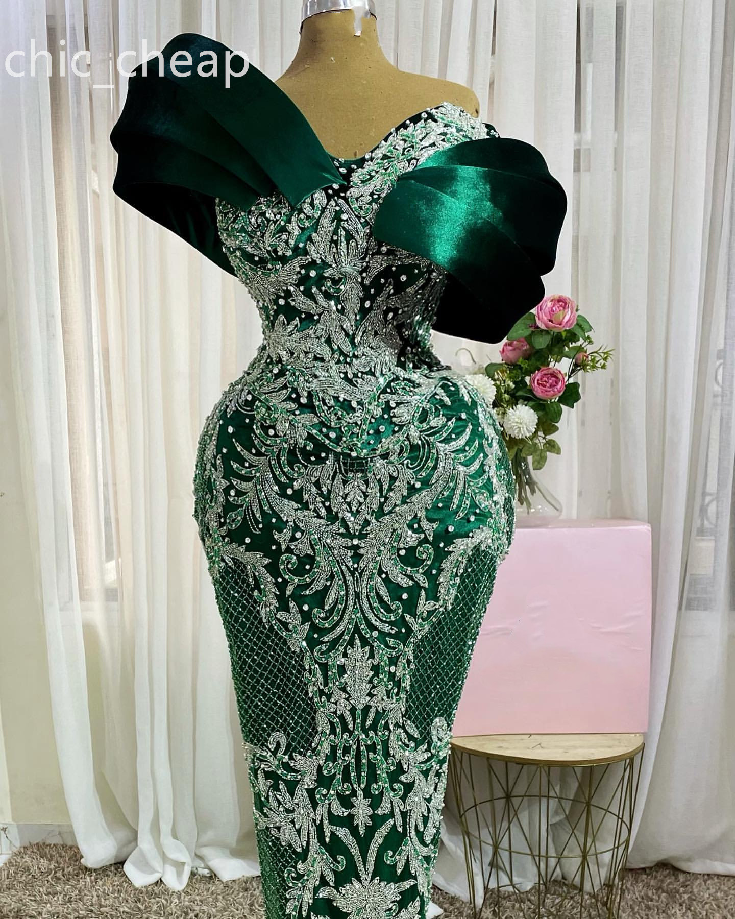 2024 ASO EBI Dunkelgrüner Meerjungfrau Prom Kleid Spitze Perlen Kristalle Sexy Abend formelle Party Zweiter Empfangsgeburtstag Verlobungskleider Kleider Robe de Soiree ZJ401