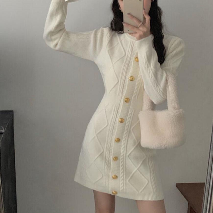 Women's o-neck long sleeve coarse wool knitted slim waist short dress SMLXL