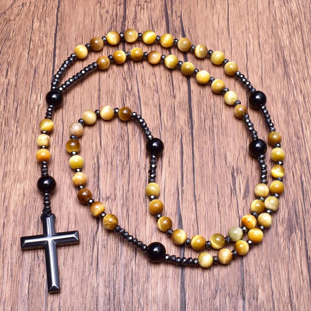 Necklaces Golden Tiger's Eye Onyx Rosary with Hematite Cross Long Necklace for Man Catholic Religious Natural Stone Rosary Jewelry