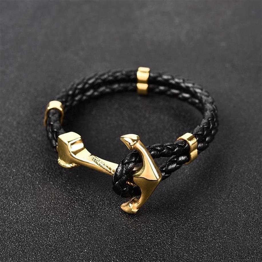 Charme Armbänder Jiayiqi Punk Gravierte Drache Silber Gold Anker Verschluss Schwarz Geflecht Echtes Leder Armband Männer Schmuck Edelstahl S227i