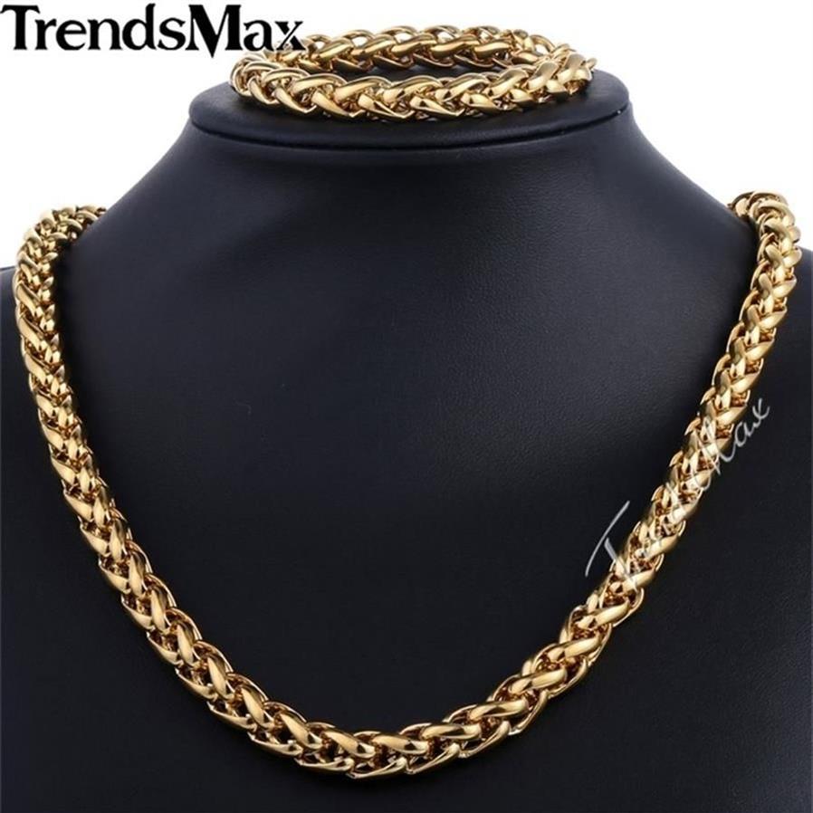 Trendsmax Brand Jewelry Set 9 5mm Gold-color Wheat Braided Link Stainless Steel Necklace Bracelet Mens Girls Chain Fashion KS215 2271S