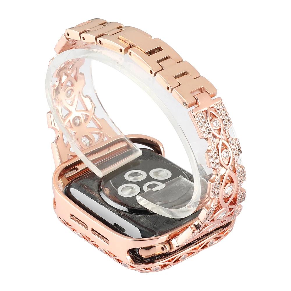 Tillbehör ihålig diamant glitter stålband för Apple Watch SE/6/5/4/3/2 kvinnor modearmband för iwatch 44mm 40mm 42mm 38mm fran51b