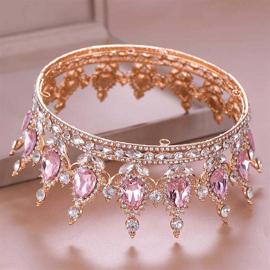 Fashion Luxury Circle Pink Crystal Queen Crowns Full Round Bridal Tiara For Wedding Party Women Rhinestone Hair Accessories X0625202K
