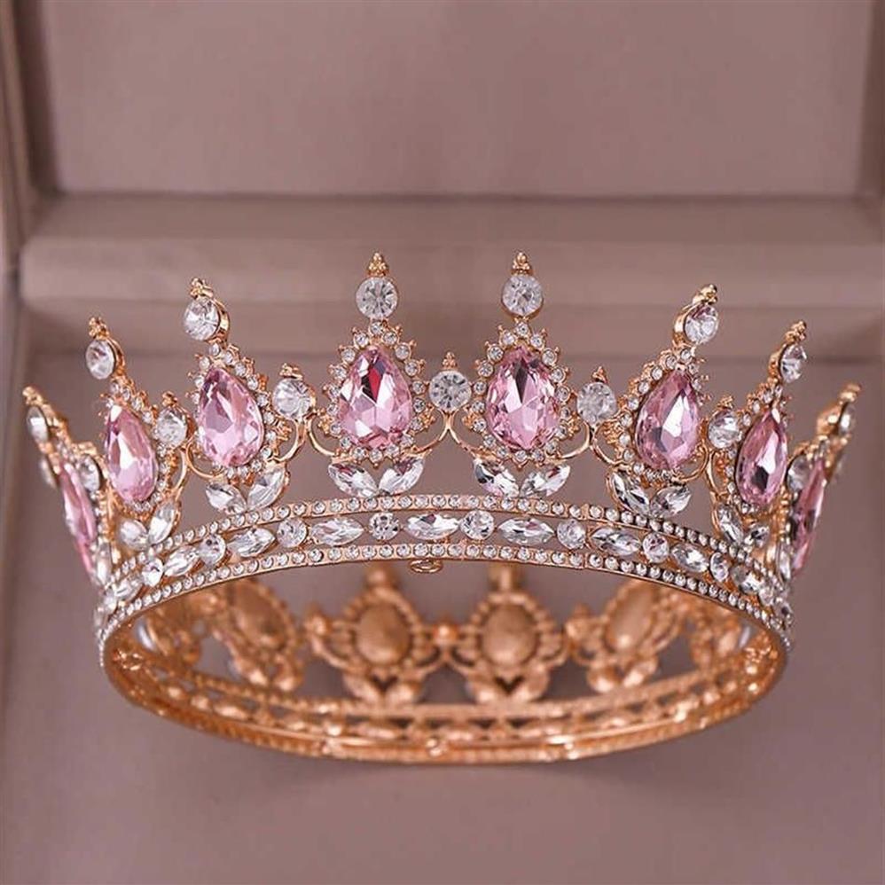 Fashion Luxury Circle Pink Crystal Queen Crowns Full Round Bridal Tiara For Wedding Party Women Rhinestone Hair Accessories X0625202K