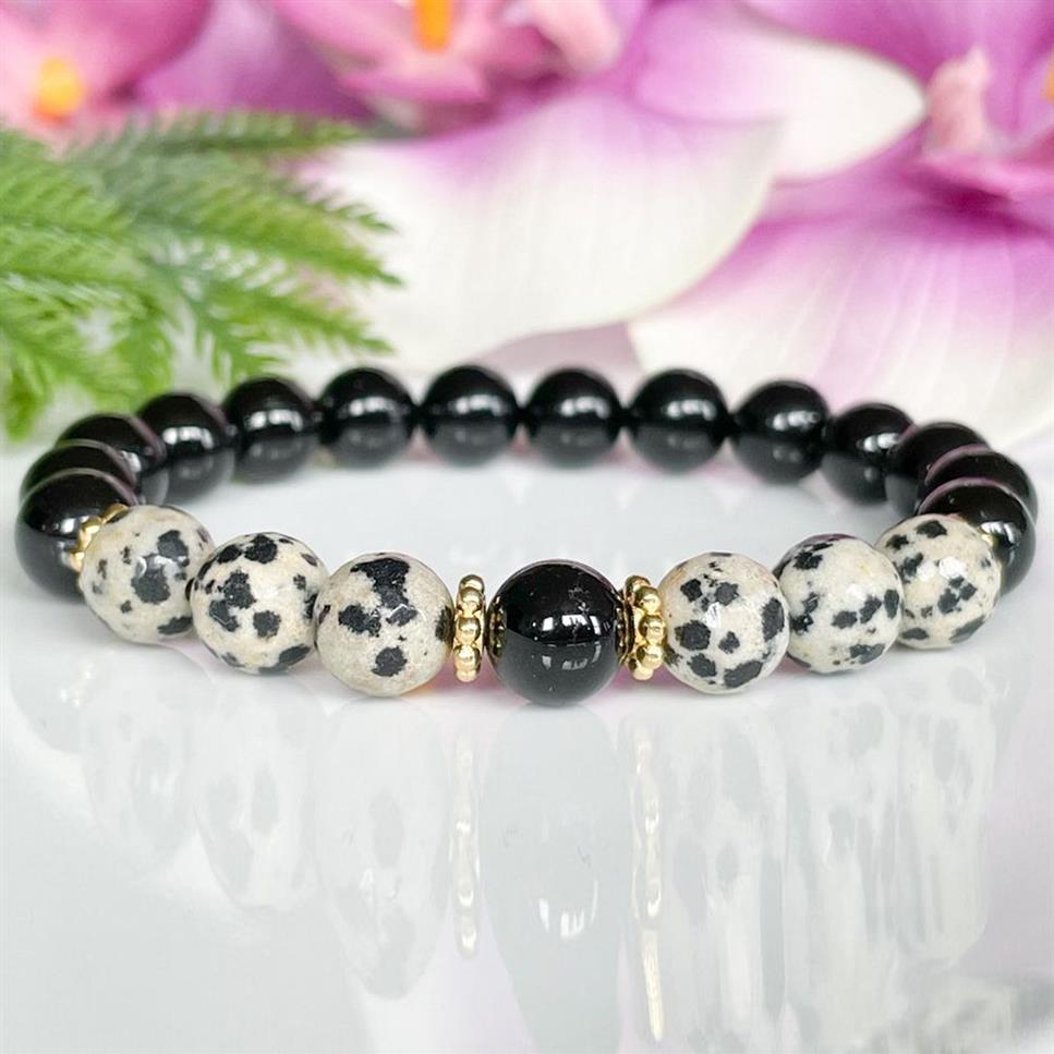 MG1503 Strand Black Tourmaline och Dalmatian Jasper Pärlade armband ädelstenens helande kristallarmband mala för negativ263v