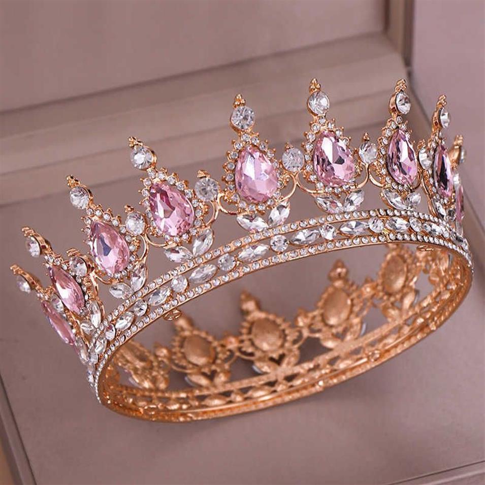 Fashion Luxury Circle Pink Crystal Queen Crowns Full Round Bridal Tiara For Wedding Party Women Rhinestone Hair Accessories X0625202K
