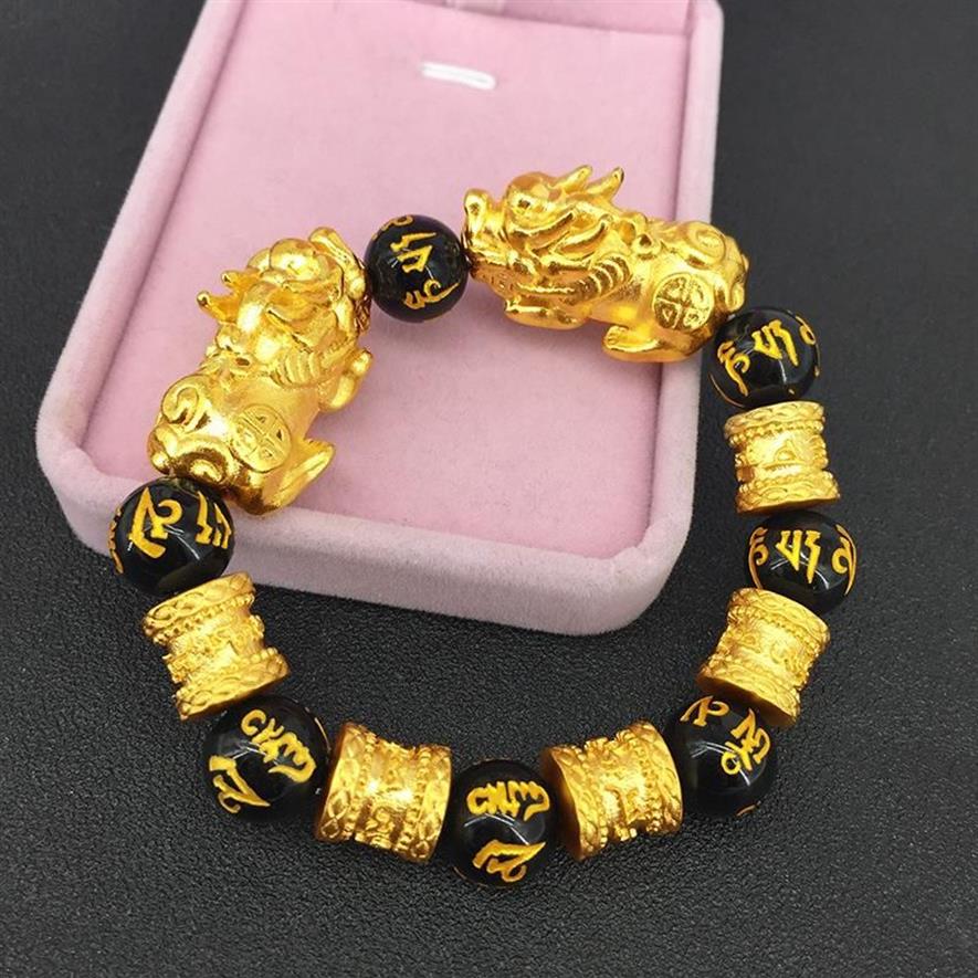 Charm Bracelets Gold Bracelet Imitation Vietnam Shakin Six-character Mantra Beaded Sand Good Luck Chinese Double Pixiu Jewelry335w