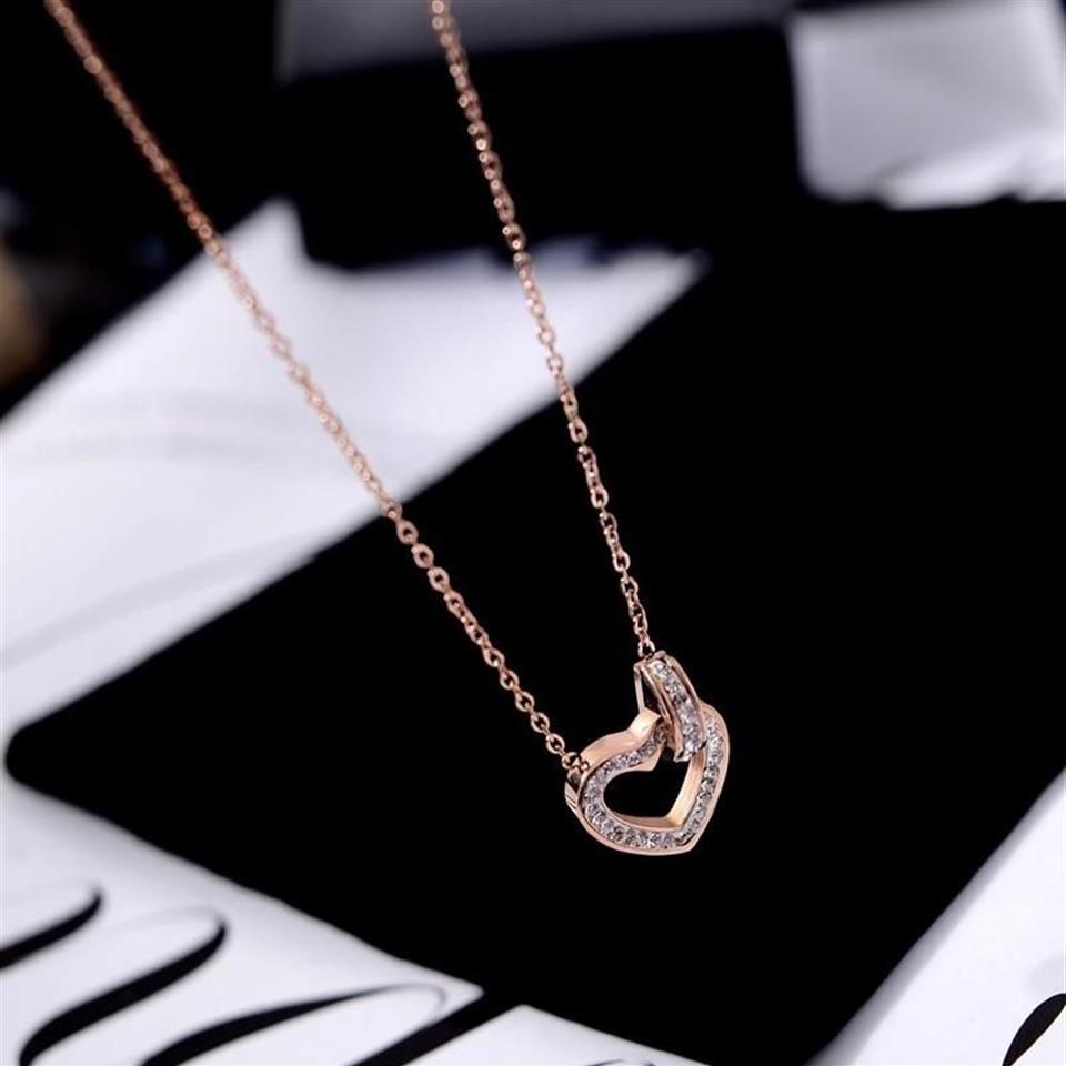 yun ruo rose gold color pave crystal heart pendantネックレスファッションチタンスチールジュエリー女性ギフトネバーフェードドロップ285r