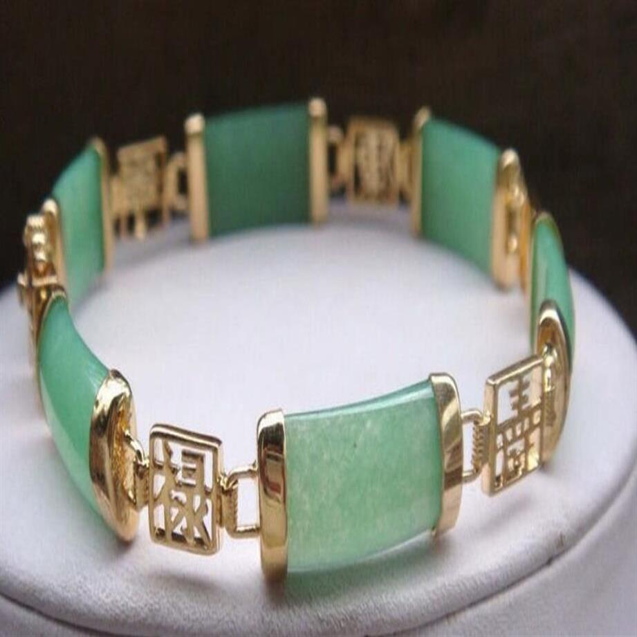 Joli bracelet à maillons porte-bonheur plaqué or avec pierres précieuses de Jade vert naturel, 2184