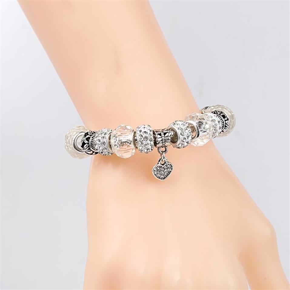 Charm Bracelets Leabyl Classic Simle Series White Crystal Diy Women Bracelet Bangle Silver Color Heart Flower Bead279t