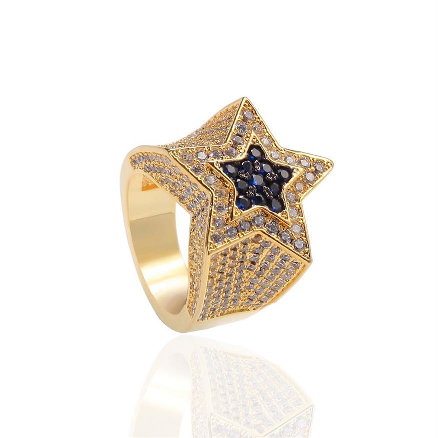 Anillo de estrella de circón para hombre, joyería euroamericana de Hip Hop con diamantes, anillos de cobre helados para hombre 325F