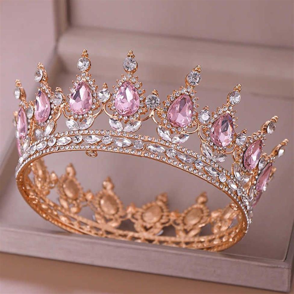 Fashion Luxury Circle Pink Crystal Queen Crowns Full Round Bridal Tiara For Wedding Party Women Rhinestone Hair Accessories X0625202K