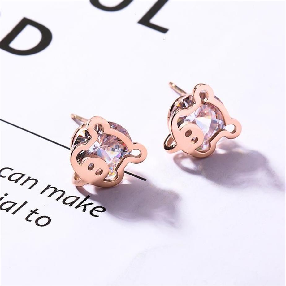 Boucles d'oreilles en acier titane et Zircon, accessoires de bijoux à la mode, ensemble de cochon de dessin animé, boucles d'oreilles anti-allergie en or Rose Whole249N