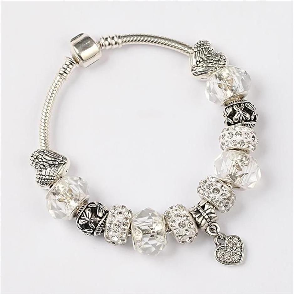 Charm Bracelets Leabyl Classic Simle Series White Crystal Diy Women Bracelet Bangle Silver Color Heart Flower Bead279t