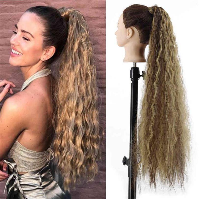 Synthetische maïs golvend lang 34 inch paardenstaart stuk wrap op clip extensions ombre bruin paardenstaart blond nep haar274I