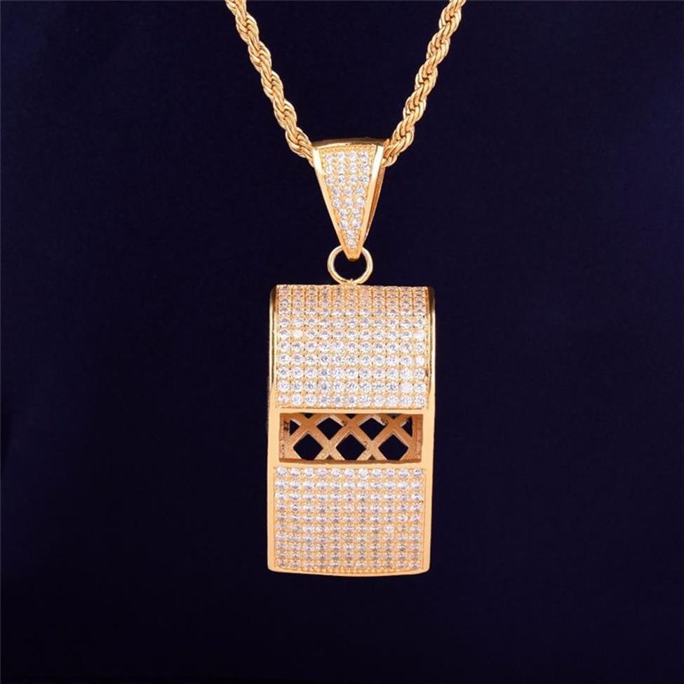 Gold Plated Iced Out Bling CZ Whistle Pendant Necklace with 24inch Rope Chain for Men Women Nice Gift269W