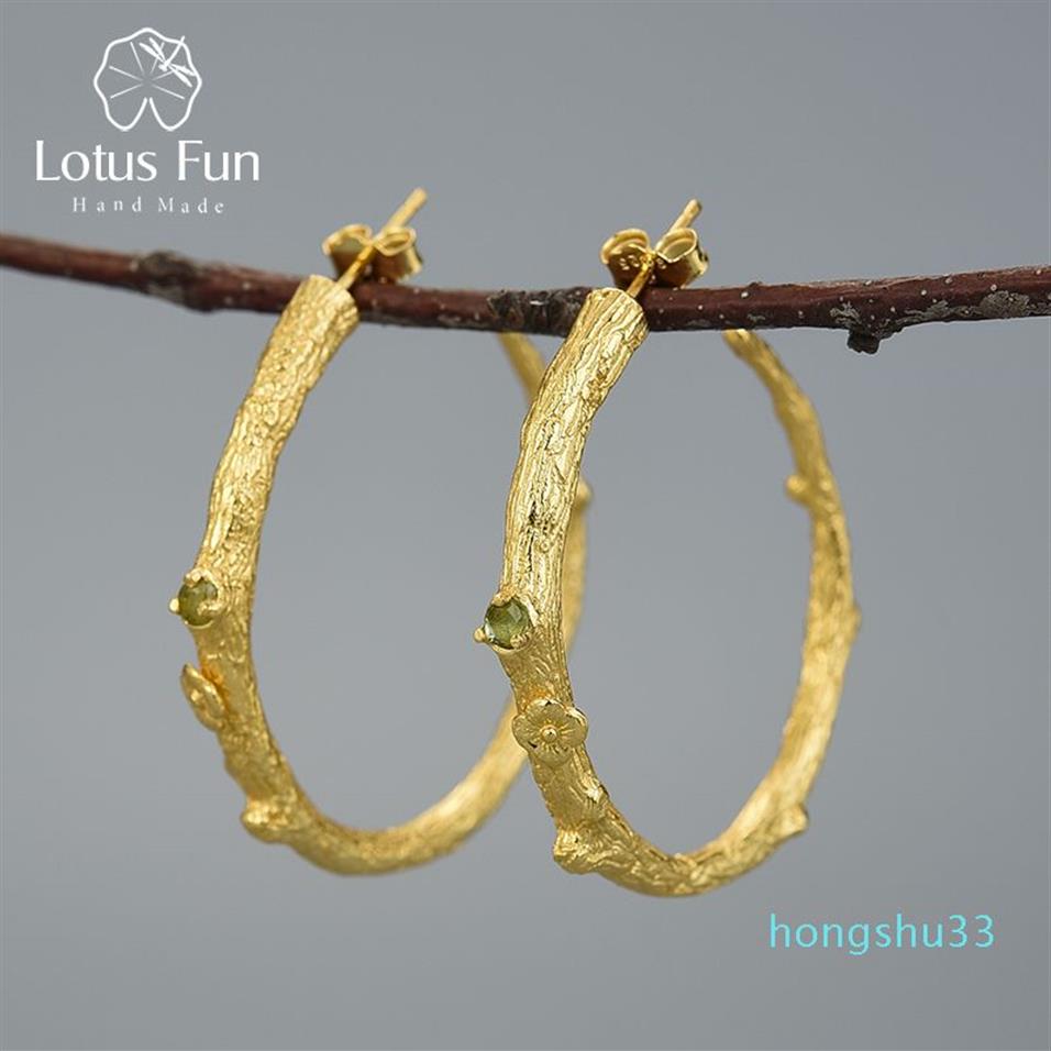 Lotus Fun, настоящее серебро 925 пробы, натуральный перидот, оригинальные ювелирные изделия ручной работы, винтажные модные серьги-кольца для женщин216a