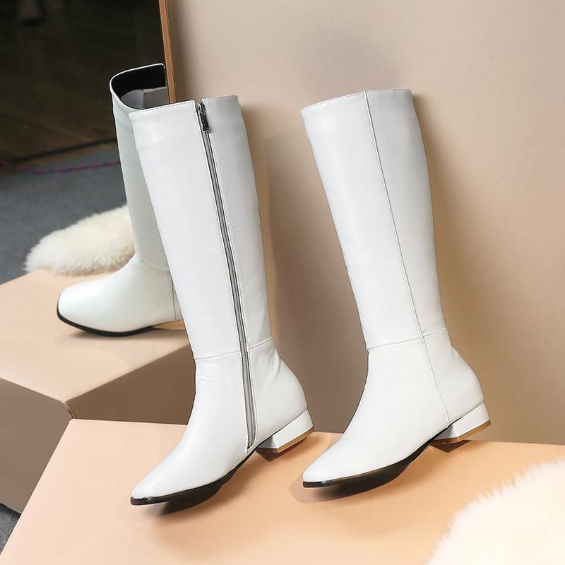 Botas PU punta cuadrada tacón bajo botas hasta el muslo otoño invierno cremallera lateral tendencia blanca moda con caja