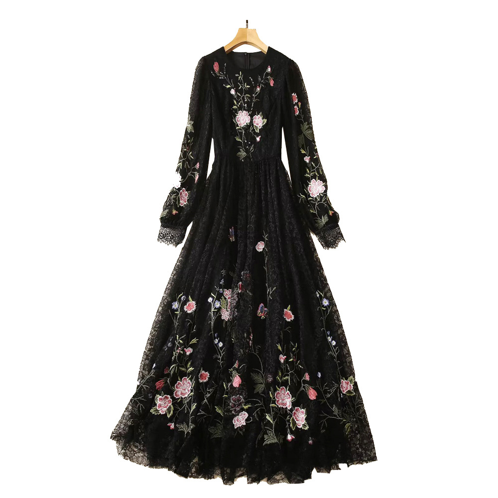 2023 Summer Autumn Black Floral Lace Embroidery Dress Long Sleeve Round Neck Sequins Long Maxi Casual Dresses A3L201537