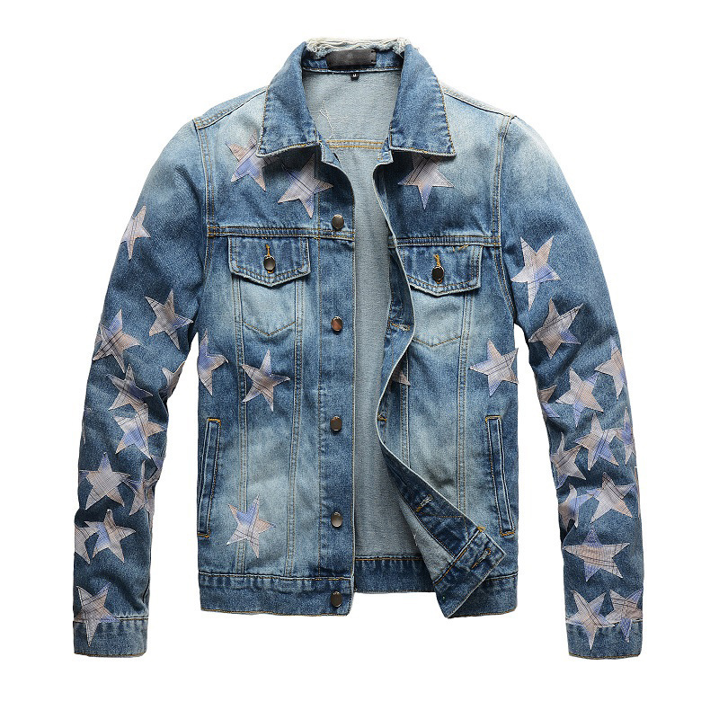 American High Street Amiryes Denim Hole Coat Slim Pocket Button Up Collar Punk Style Biker Jacket Men