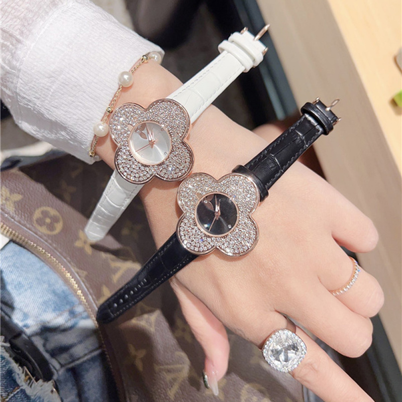Relógio de pulso de marca completa feminino feminino estilo flor de cristal luxo com logotipo pulseira de couro relógio de quartzo L94