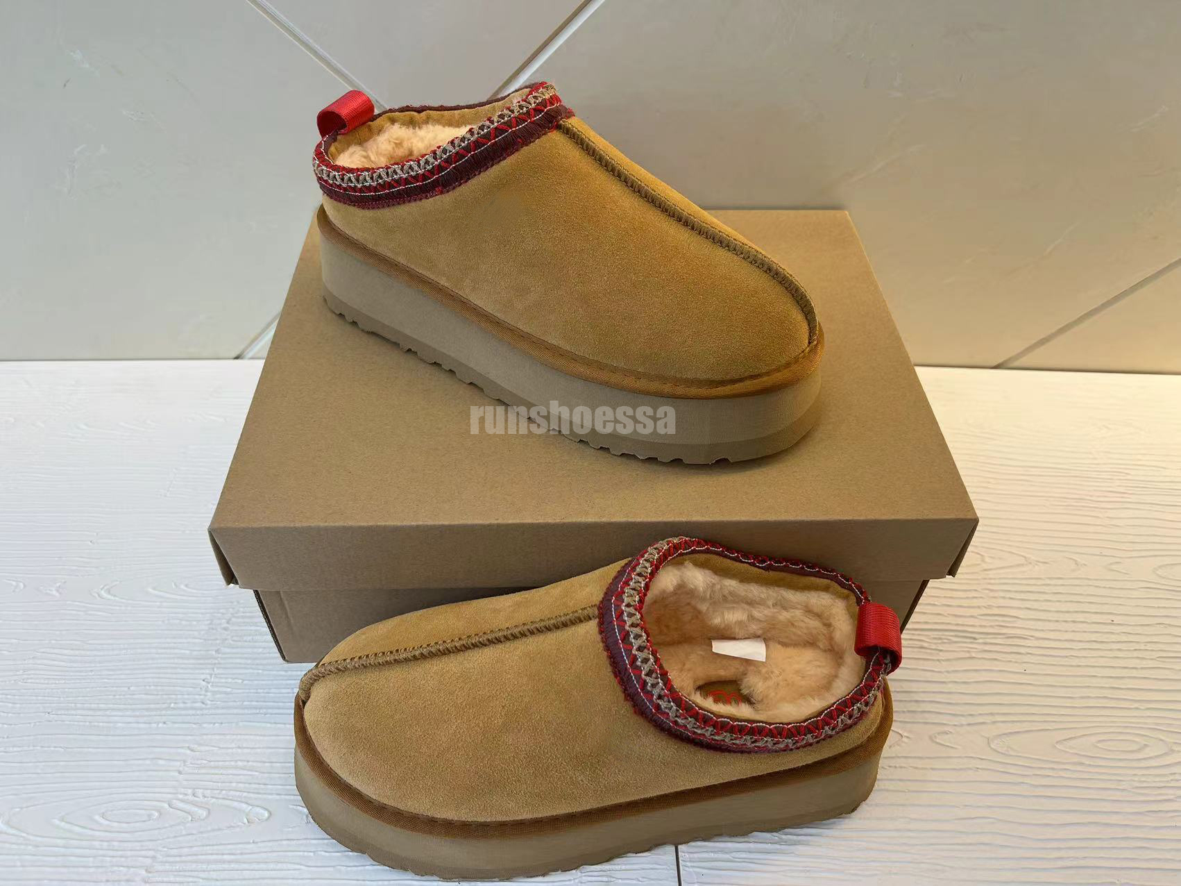 Тасман тапочки для каштанового меха скольжения овчарки Shearling Tazz Classic Mules Женщины мужчины Ultra Mini Platform Slip-On Slea