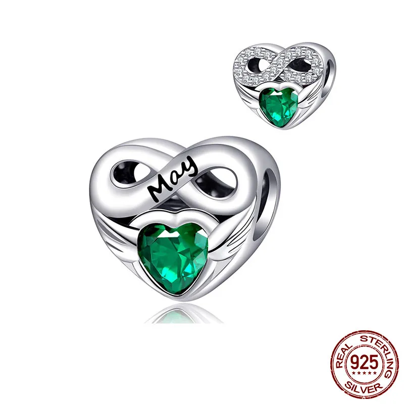 925 Silver Fit Pandora Charm 925 Bracelet Colored Heart-Shaped Birthstone charms set Pendant DIY Fine Beads Jewelry