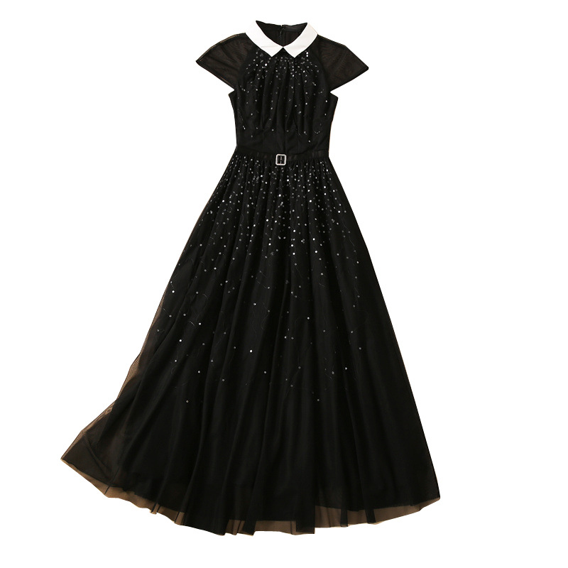 2023 Summer Black Belted Sheer Tulle Sequins Dress Contrast Color Cap Sleeve Lapel Neck Long Maxi Casual Dresses A3L201537