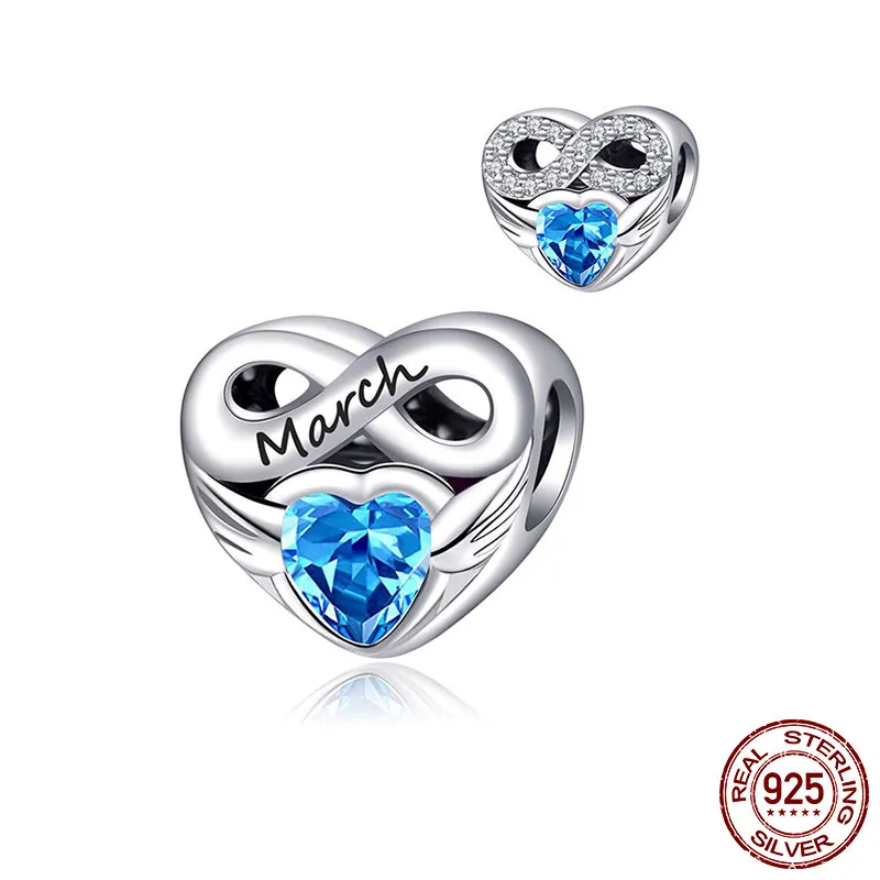 925 Silver Fit Pandora Charm 925 Bracelet Colored Heart-Shaped Birthstone charms set Pendant DIY Fine Beads Jewelry