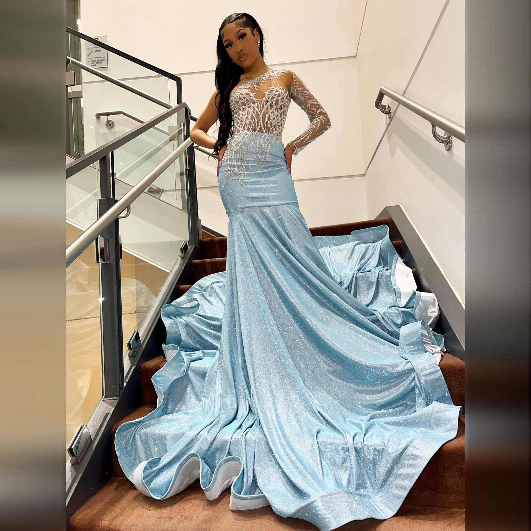 Sparkly Mermaid Prom Dresses Sequined Beading One Shoulder Evening Party Dress Luxury Designer Sky Blue Gowns Vestido de Noche