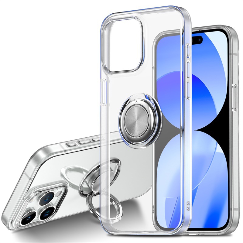 Ultra thin clear transparent 360 degree rotate ring stand soft tpu cover case for iphone 15 plus pro max 14