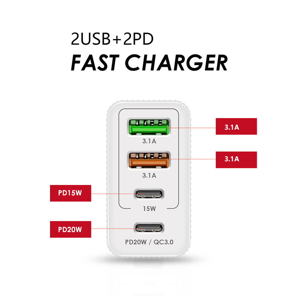 36W Universal 4 Ports USB Wall Charger QC3.0 PD20W USB 3.1A snabb laddningsplugguttag för iPhone Samsung S20 Xiaomi