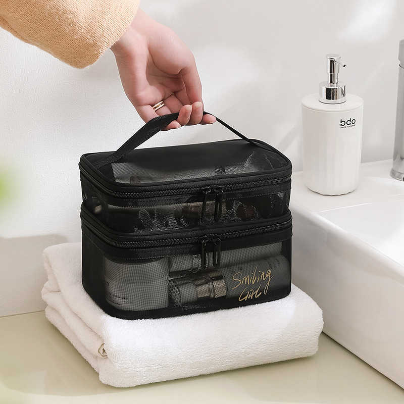 Nouveau étui de maquillage Transparent organisateurs en maille pochette de toilette décontracté fermeture éclair trousses de toilette maquillage femmes voyage sac cosmétique