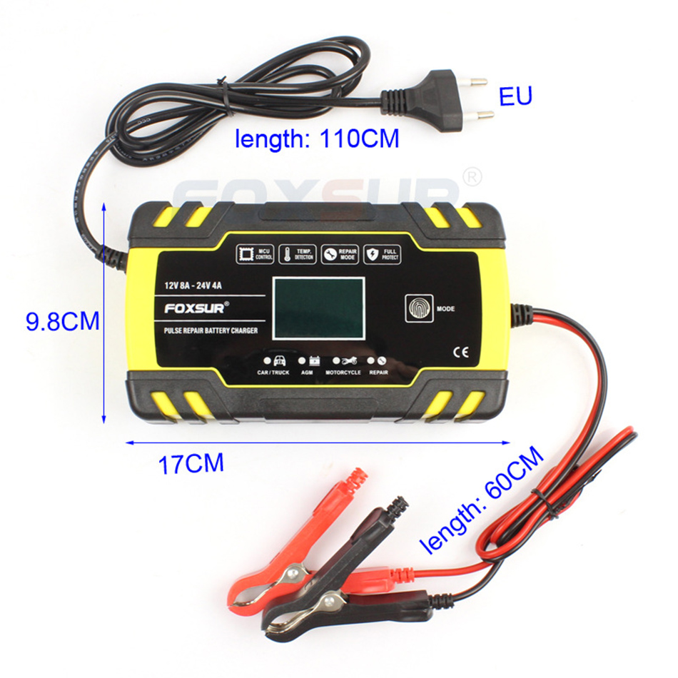 Foxsur carregador de bateria de carro 12 v 8a 24 v 4a tela sensível ao toque pulso reparo lcd carregamento rápido de energia molhado seco chumbo ácido display lcd digital para carro motocicleta caminhão