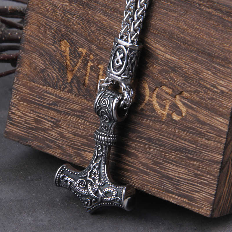 Norse Vikings Marteau de Thor Mjolnir Rune Scandinave Amulette Collier Chaîne En Acier Inoxydable Vegvisir Ancre Pendentif Homme Bijoux L230620