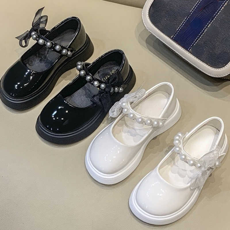 Sneakers Spring New Style Children's Fashion Shoes White Black Bow Girls Princess Shoes Size 26-36 Fashion Pearl Shoes 7-16 Years OldHKD230701