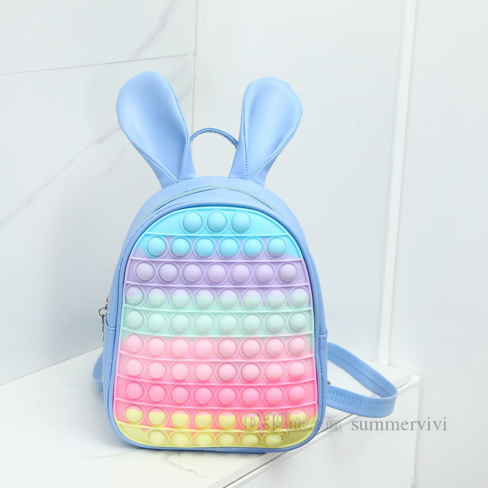 Children stereo rabbit ears backpacks girls boys decompression squeezing double shoulder bag kids rainbow silicone cartoon bags Z3053