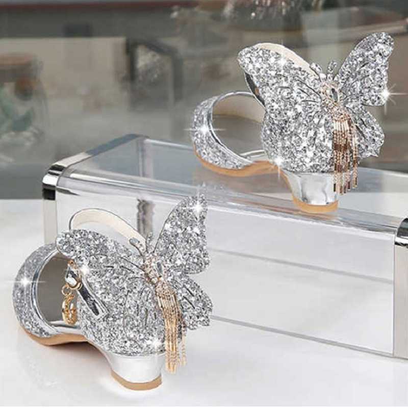 Sneakers Princess Shoes for Girls Glitter Butterfly Knot Dress Banquet Party Children High Heel Shoe For Kids Girls SandalsHKD230701