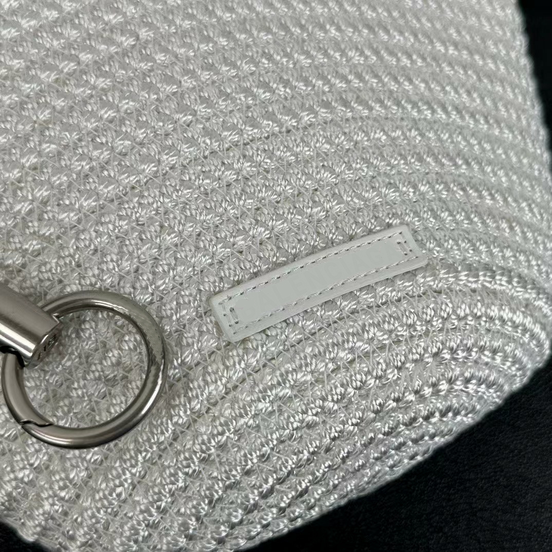 Women's Ibiza Small Basket Summer Beach Bags Cord Two Top Open Closure Handle Travel Tote Aged Silver Hardware Ring Beach Totes Nylon Knit Handbags Long Shoulder Strap