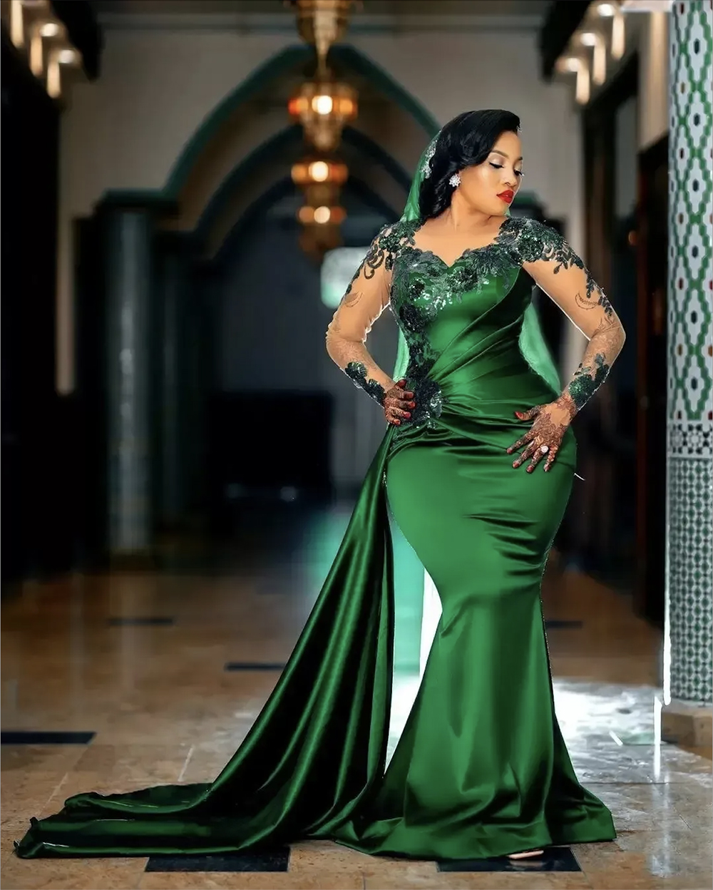 Prom Dresses Arabic Aso Ebi Dark Green Mermaid Evening Dresses Sheer Long Sleeve Lace Appliques Jewel Neck Party Second Reception Wears Plus Size BC14459