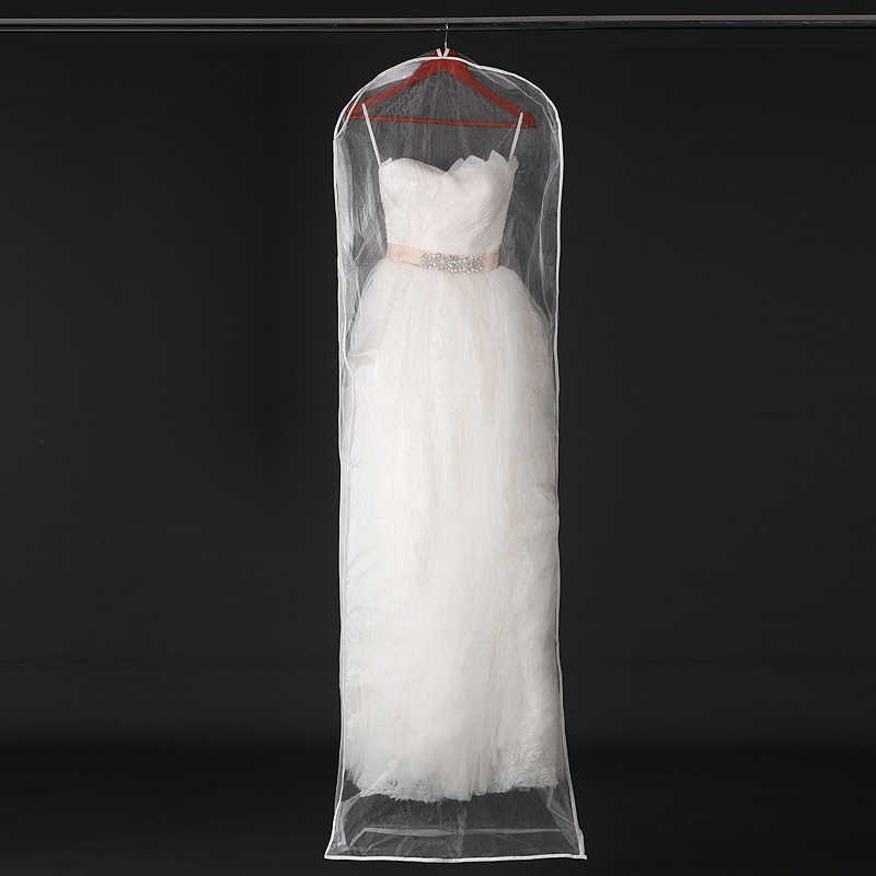 Ny dubbelsidig transparent tyll/voile bröllop brudklänning dammtäcke med sidosappare för hemgarderobsklänningsväska