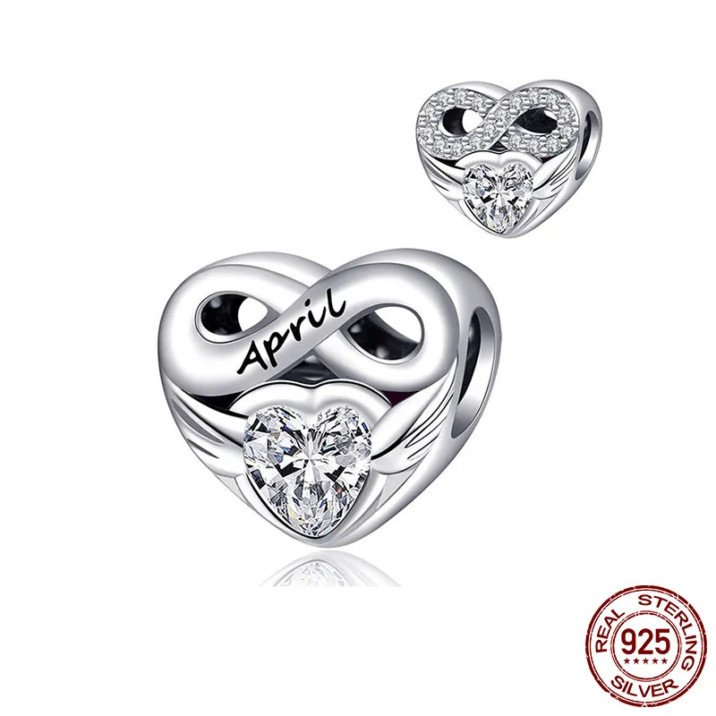 925 Silver Fit Pandora Charm 925 Bracelet Colored Heart-Shaped Birthstone charms set Pendant DIY Fine Beads Jewelry