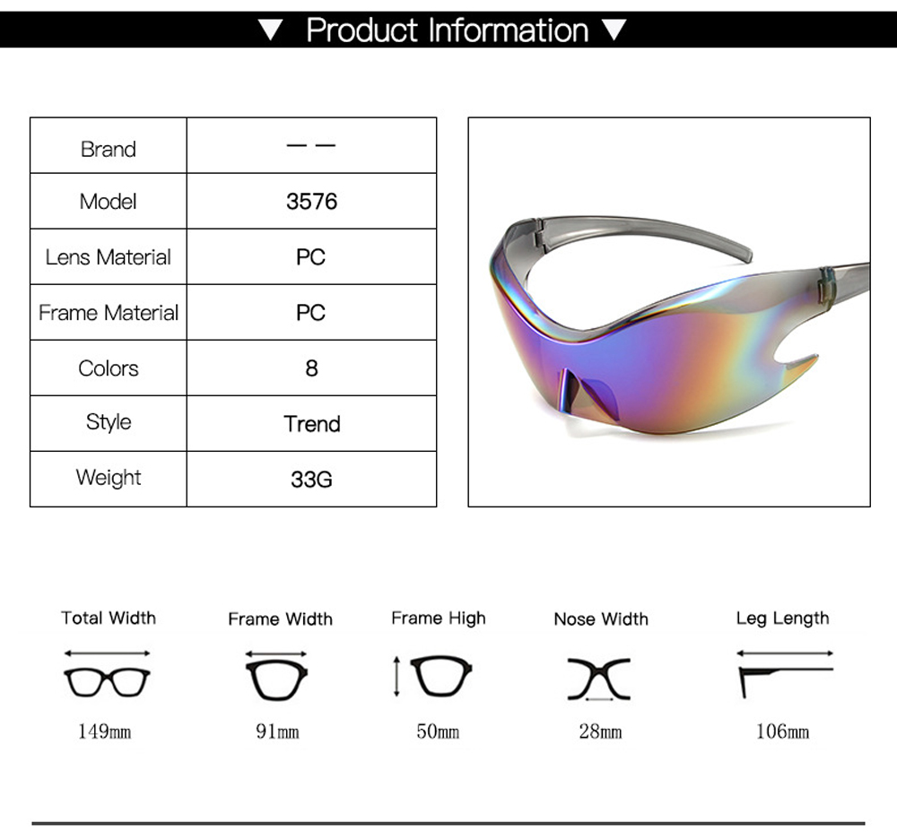 Överdimensionerad Y2K Cyberpunk One Piece Rimless Solglasögon Kvinnor Män Luxury Futuristic UV400 Mirror Sports Cycling Outdoor Goggles Eyewear SG690