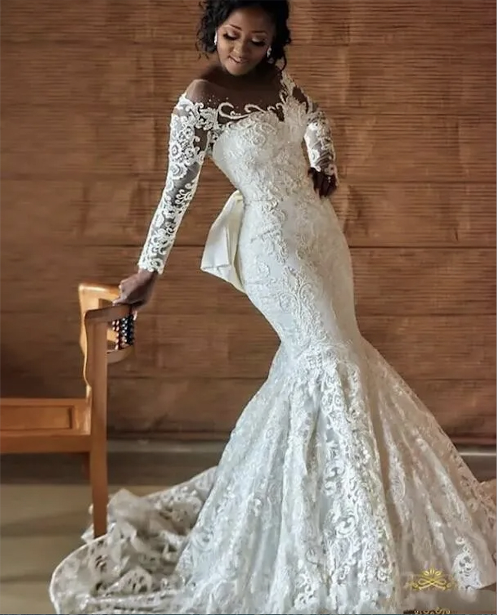 Abiti da sposa nigeriani in pizzo pieno africano con fiocco posteriore che borda maniche lunghe 2023 Abiti da sposa da sposa con fidanzamento a sirena avorio
