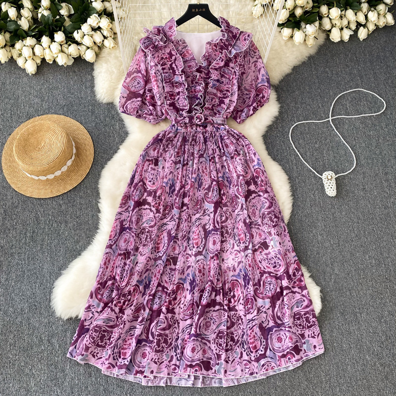 Casual Dresses Chiffon Pleated Dress 2023 New Fashion Women V Neck Wood Ear Holiday Floral Print Short Sleeve Vintage Clothes Vestidos