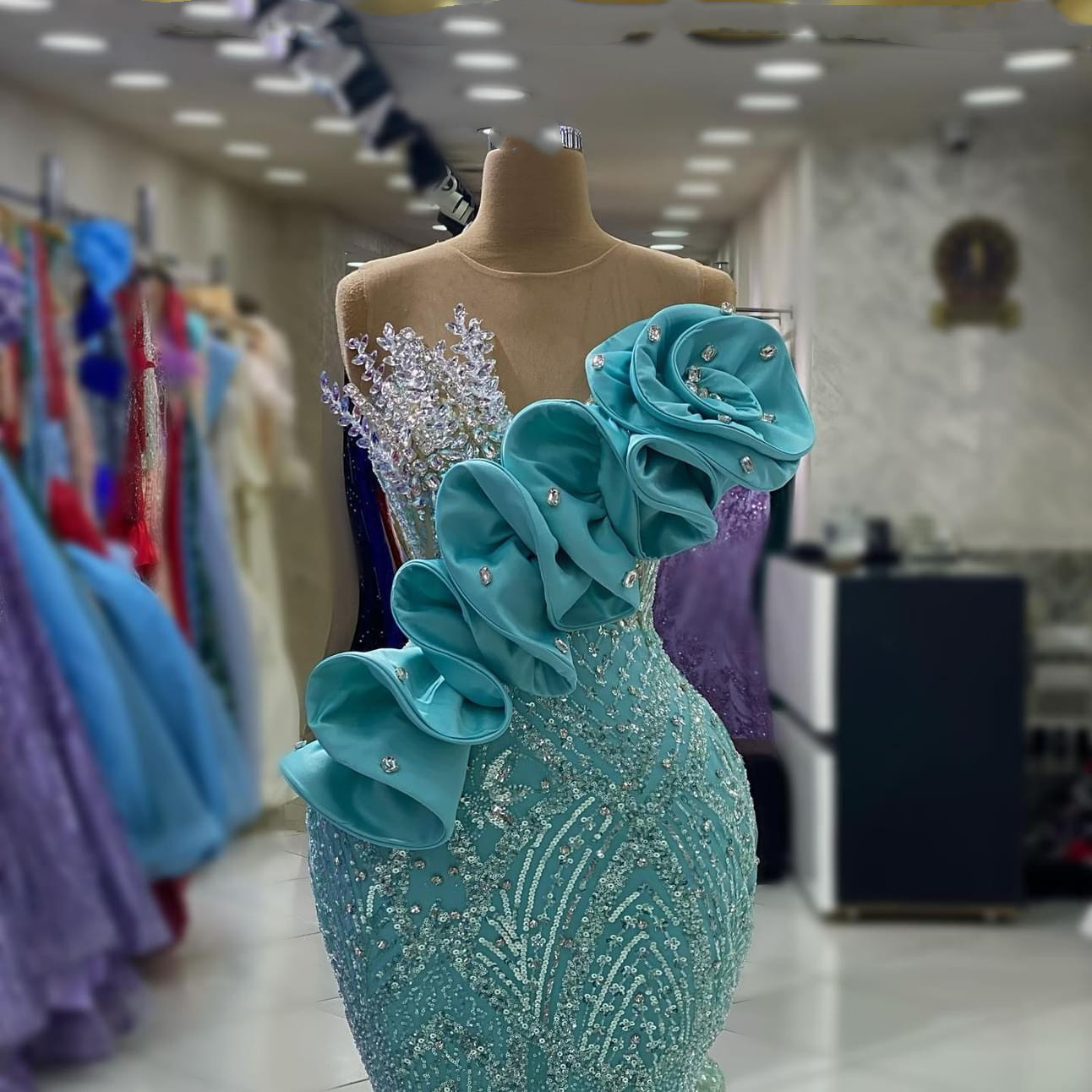 2023 ASO EBI Hunter Green Mermaid Dress Crystals Evening Formal impreza Druga przyjęcie urodzin Druhna Suknie zaręczynowe sukienki szatą de soiree ZJ684