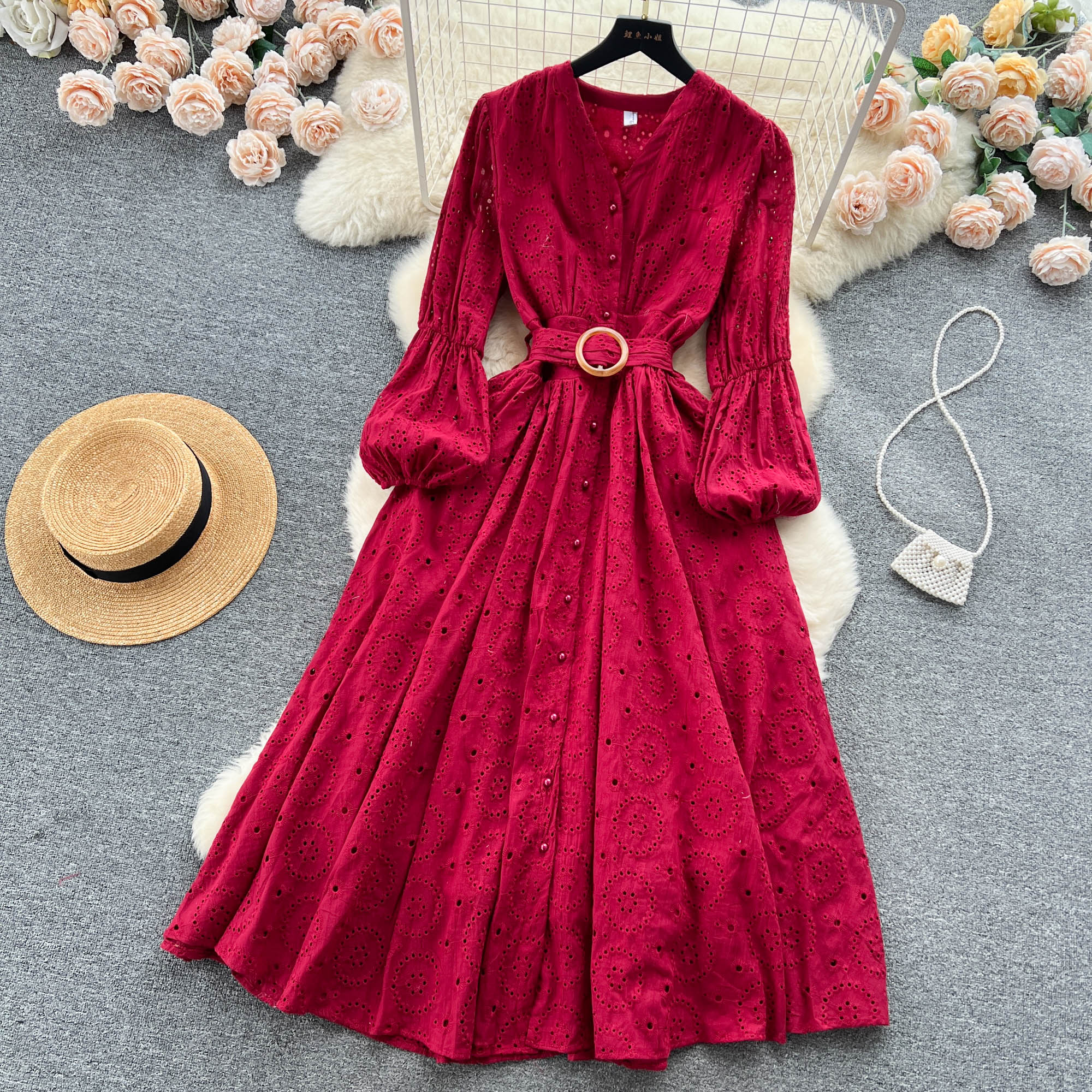 Casual Dresses French Cut Out Embroidery Long Sleeved Single Breasted V-neck Slim A-line Dress Women Fashion Solid Color Elegant Vestidos 2023