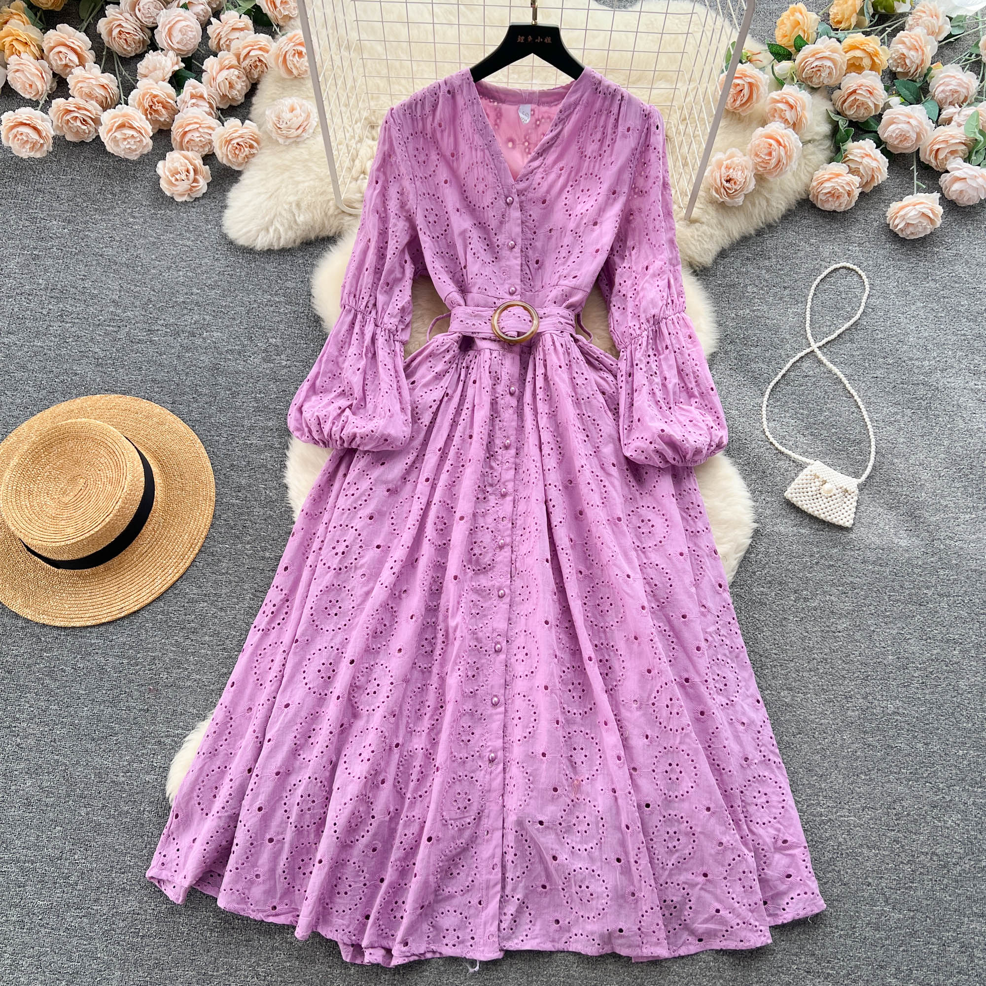 Casual Dresses French Cut Out Embroidery Long Sleeved Single Breasted V-neck Slim A-line Dress Women Fashion Solid Color Elegant Vestidos 2023